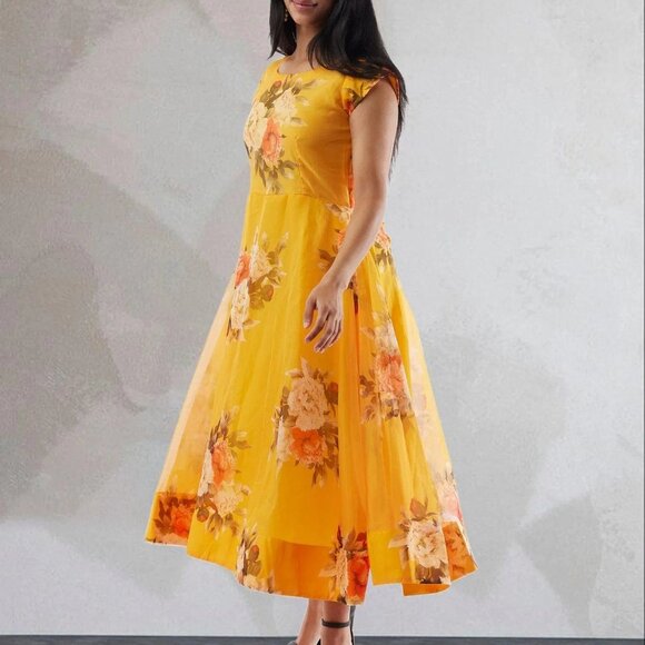 Floral Print Yellow Organza Below-Knee Dress | Muvvas Boutique - Picture 3 of 5